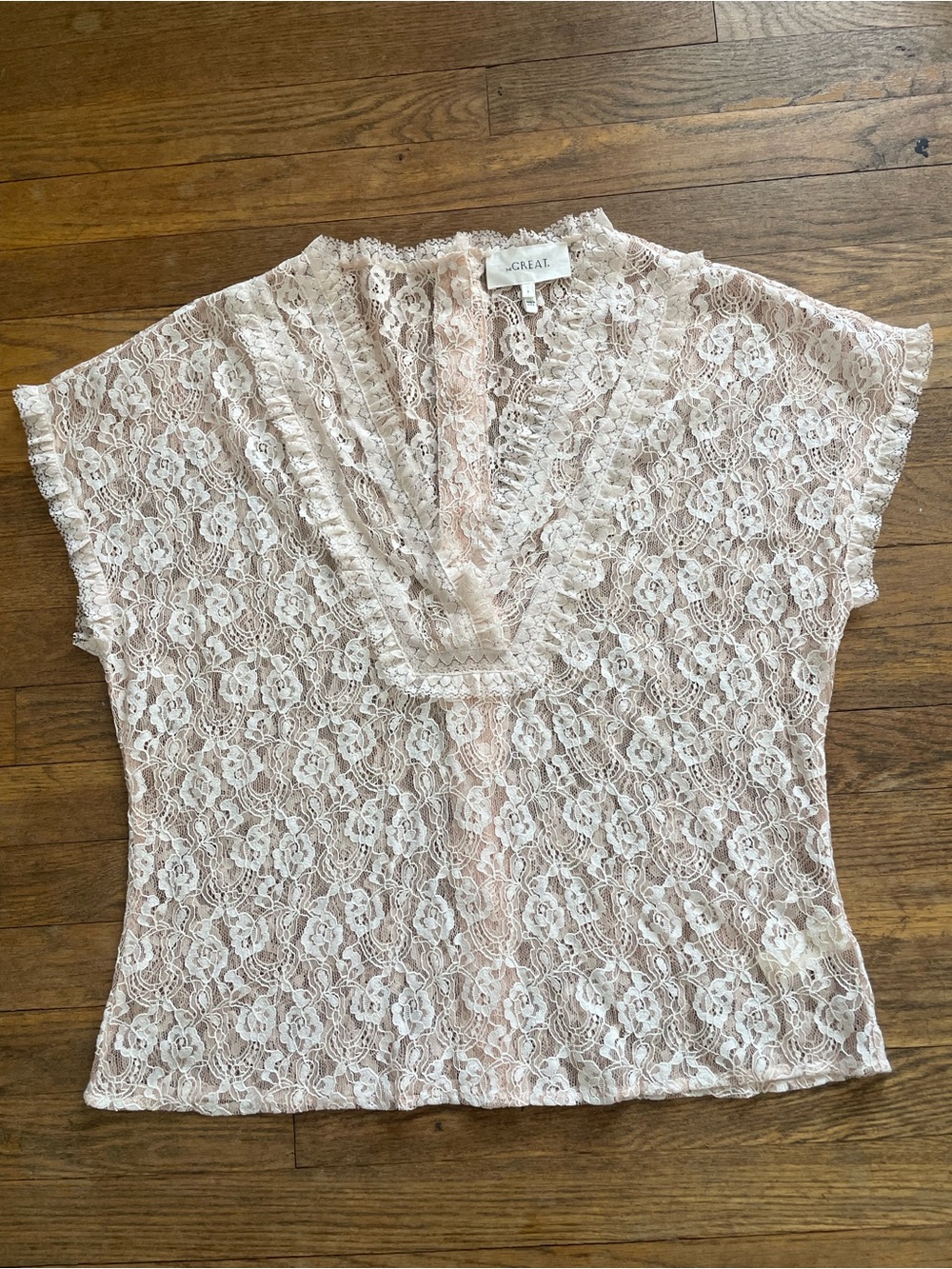 The GREAT. Delicate Lace V-Neck Camisole in Blush Pink